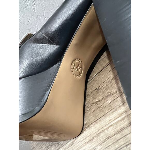 Michael Kors Leather Platform Loafers Black White MK Logo Heels 8.5 - Picture 6 of 9